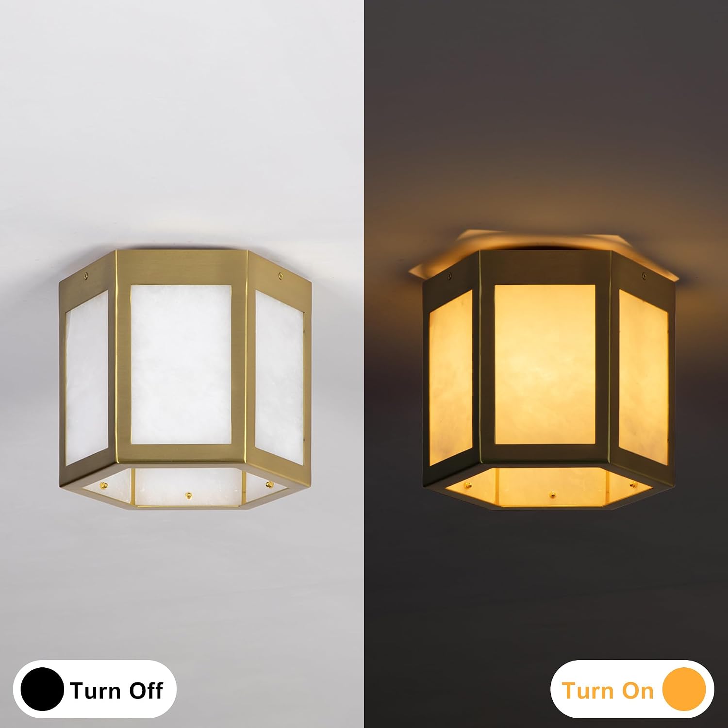 Maxax 10" Modern Luxury Brass Flush Mount Ceiling Light with White Marble Panels - Dimmable 1-Light E26 Fixture for Entryway, Hallway, Bedroom, Kitchen, Dining Room - 10" Wide Elegant Home Decor