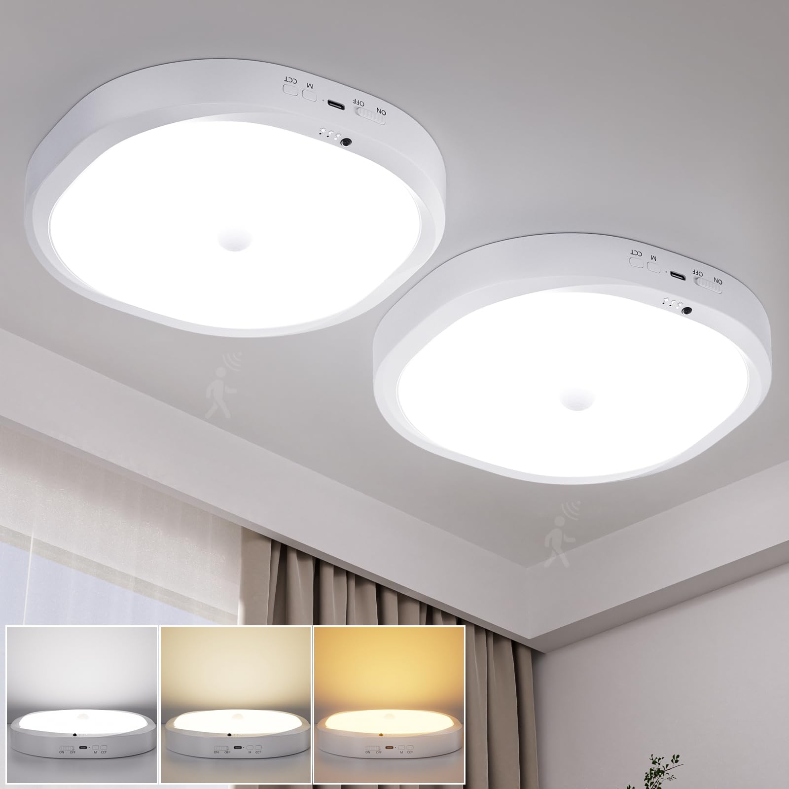 Plafoniera LED Soffitto con Batteria 10000mAh, Lampada LED Senza Fili | Sensore di Movimento e Telecomando, per Bagno, Cameretta, Cucina, Garage, Scale, 2 Pezzi