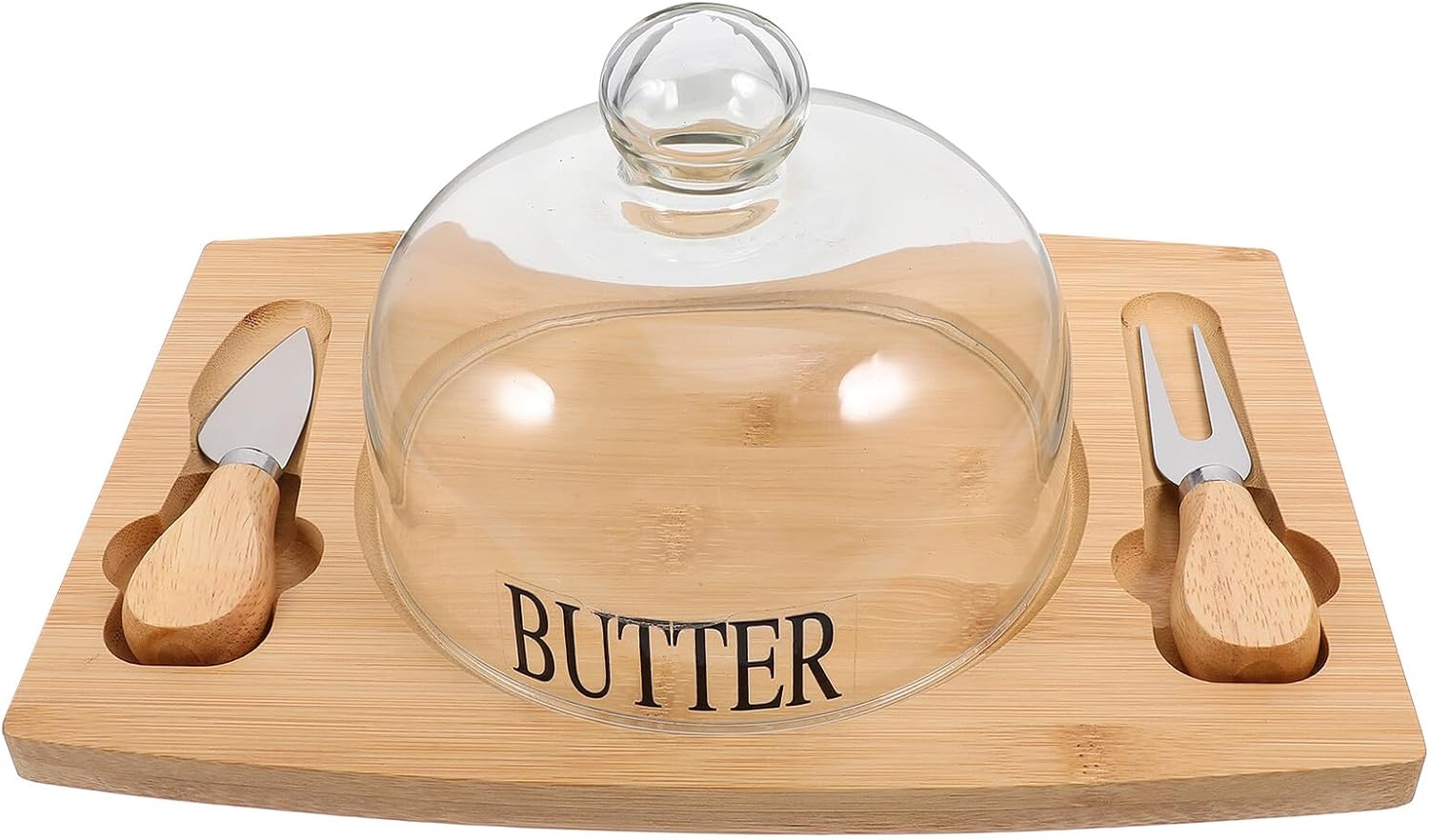 Butter Dish with Lid and Wooden Tray Butter Holder for Refrigerator with Dual Knife Set Suitable for Kitchen Dining and Cheese Storage