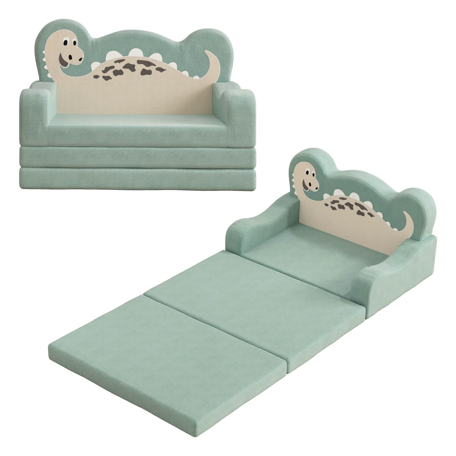 YACODAVO 2-in-1 Kids Couch Fold Out, Convertible Toddler Couch to Lounger, Toddler Chair Comfy, Kids Sofa for Girls and Boys, Gift for Birthday, Children's Day, Dinosaur Green