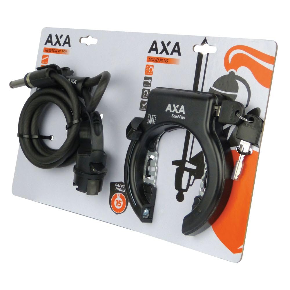 AXA Set Solid Plus Rahmenschloss + Newton 150 cm Einsteckkabel – Sicherheitsstufe 11 – Schlüssel nicht abziehbar