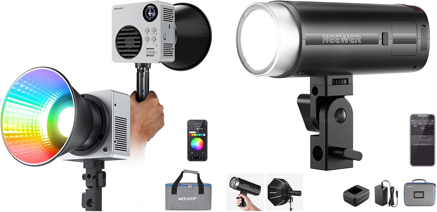NEEWER HB80C RGBWW LED Video Light, 80W Mini RGB COB Continuous Output Lighting Bowens Mount Handheld Spotlight 2500K-7500K, 10400lux/m, 18 Effects with Q200 200Ws 2.4G TTL Outdoor Studio Flash
