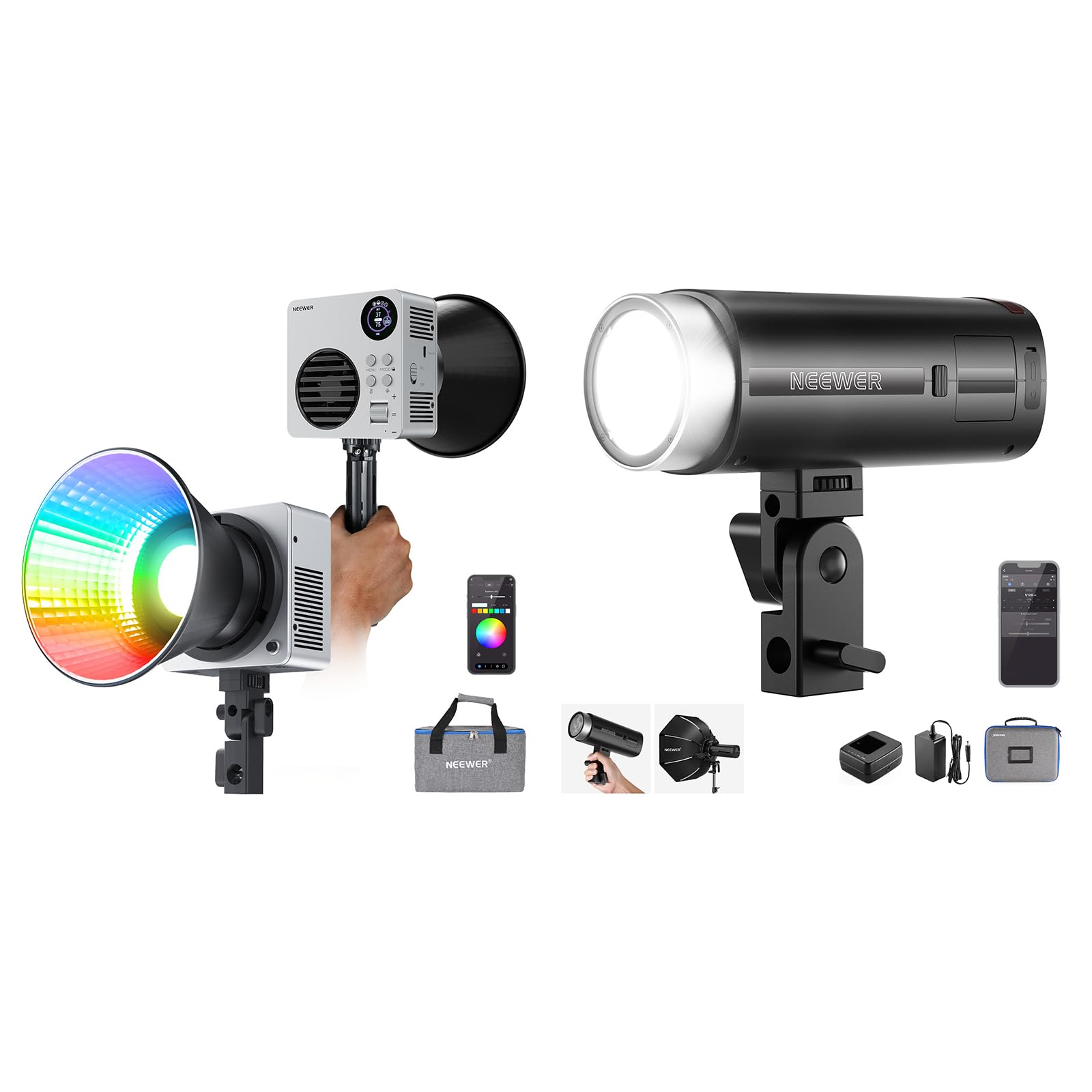 NEEWER HB80C RGBWW LED Video Light, 80W Mini RGB COB Continuous Output Lighting Bowens Mount Handheld Spotlight 2500K-7500K, 10400lux/m, 18 Effects with Q200 200Ws 2.4G TTL Outdoor Studio Flash