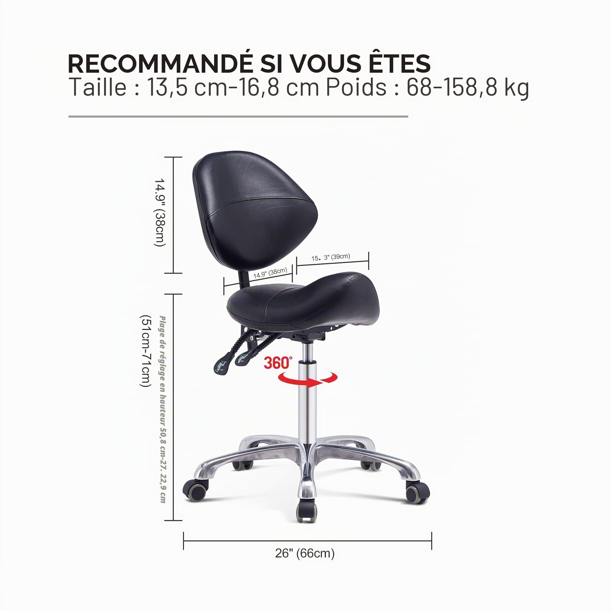 Ergonomique Tabouret de Chaise de Selle avec Support arrière, Tabouret pivotant à Hauteur réglable avec Roues