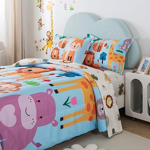 Miniatura 4 de lishjekee Juego de edredón de animales del zoológico tamaño individual para niños y niños, juego de ropa de cama de 6 piezas de animales de la selva