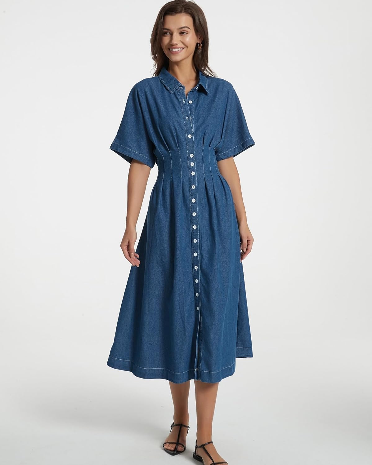 Women's Summer Denim Shirt Dress Lapel V Neck Short Sleeve Midi Jean Dress Button Down Long Dresses - Image 5