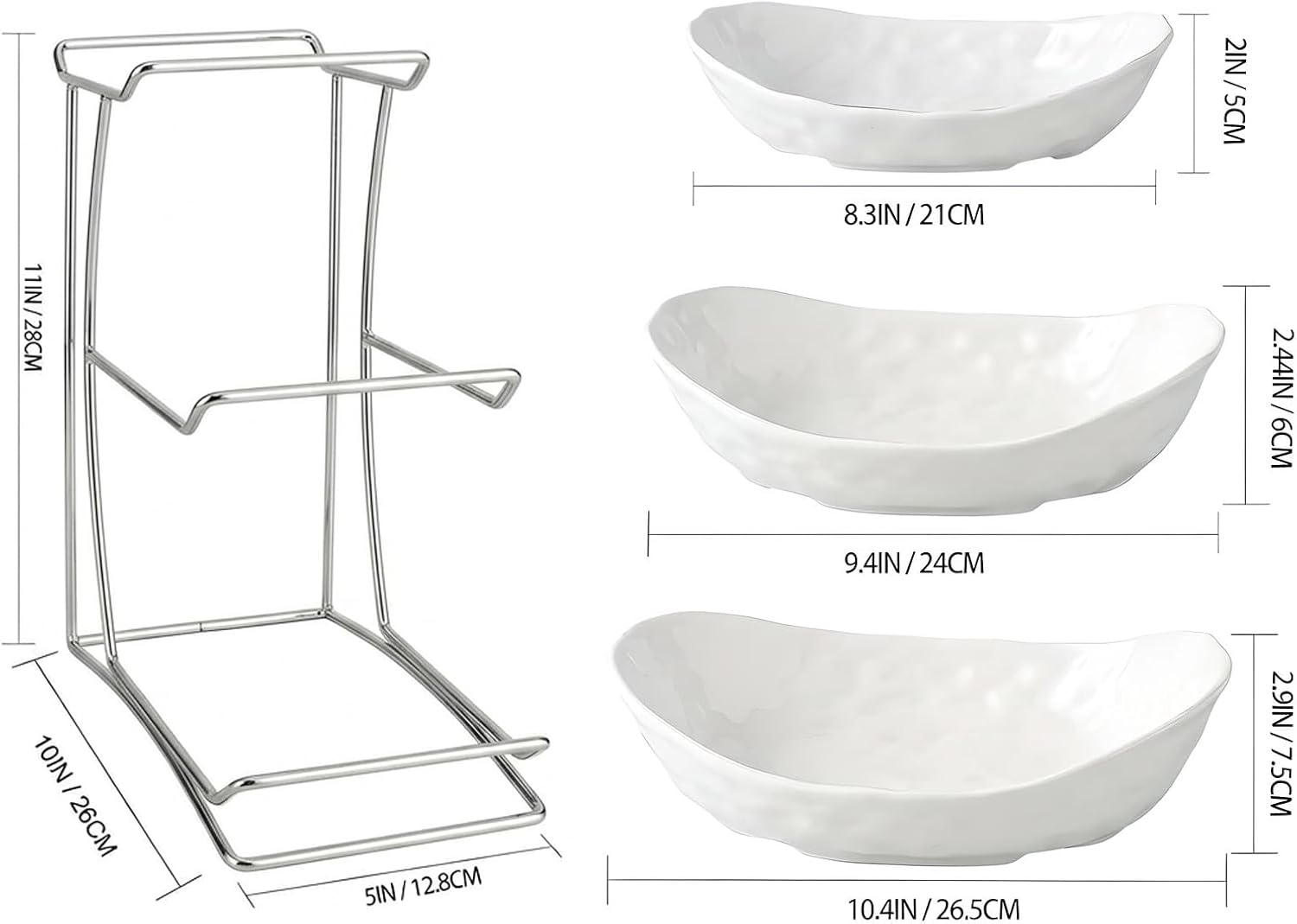 YYW 2Tier/ 3 Tier Fruit Bowl for Kitchen Counter, White Gold Silver Ceramic Fruit Stand for Countertop, Home Fruit Rack with Metal Holder, Snacks Nuts Bread Candy Storage (3 Tier, White D)