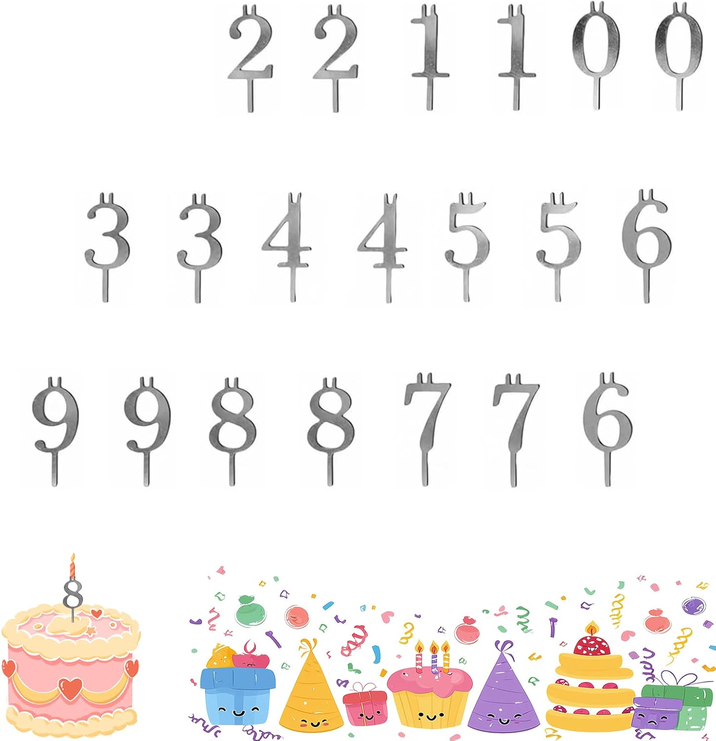 Reusable Number Birthday Candle Holder Set – Birthday Cake Candle Holders Set, 0–9 Digital Cake Candle Holders, Silver Metal Number Cake Toppers for Holiday Celebrations and Birthday Parties (2 Sets)