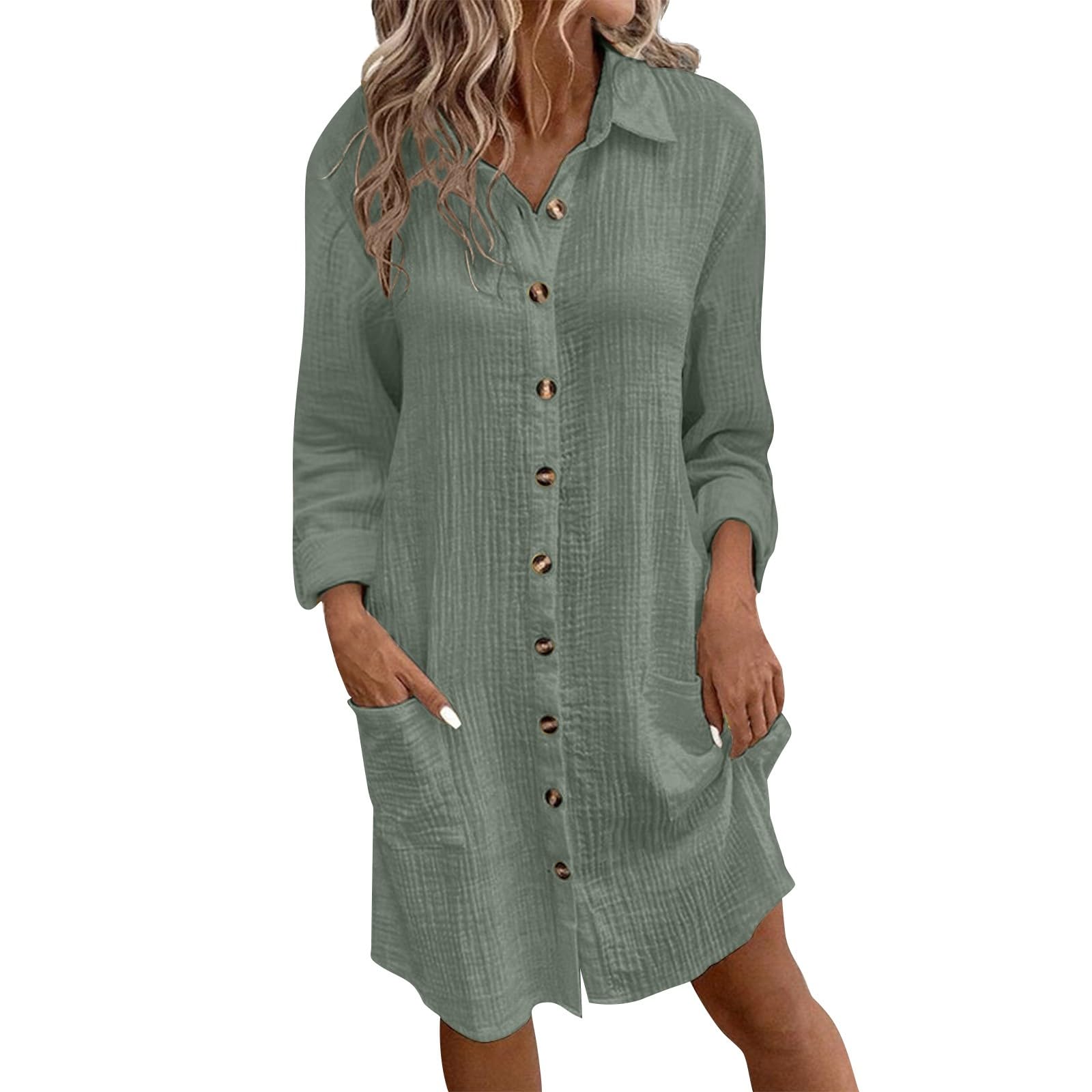 Vestido de lino para mujer, de verano, largo hasta la rodilla, muselina, vestido camisero, ligero y aireado, vestido holgado, vestido midi liso, elegante, vestido de blusa, cuello en V, manga