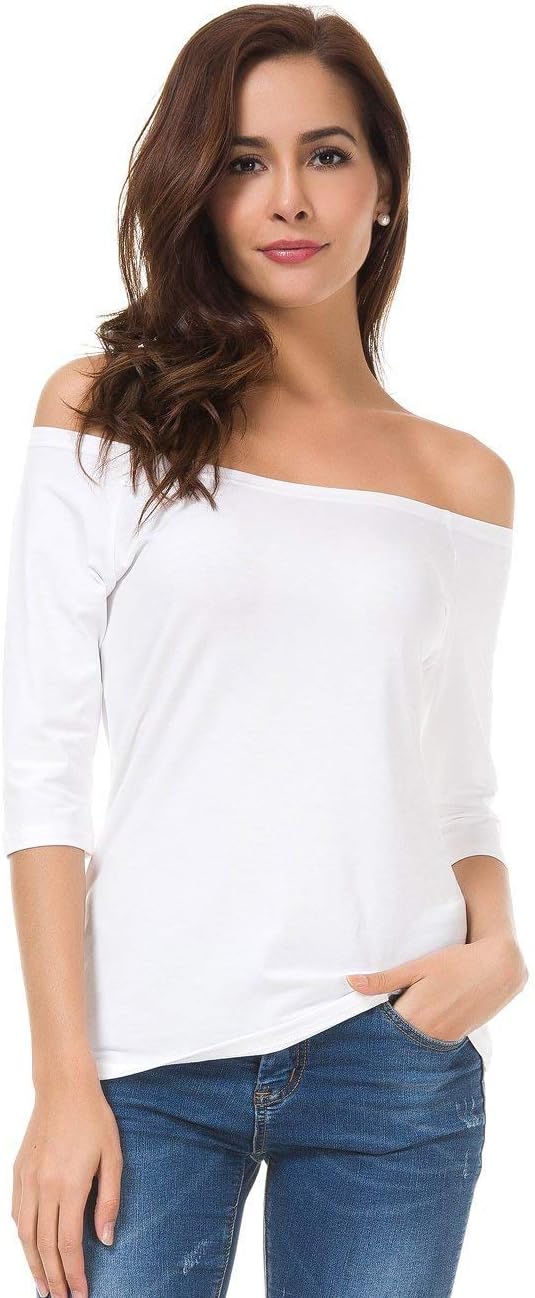 Chaoyaxuan Women Cotton Three Quarter Sleeve Off Shoulder Slim T-Shirt Tops 0011 (XXXL, White)