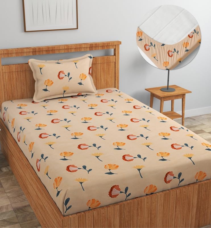 Image of NEW LEAF Premium Cotton Elastic Fitted Bedsheets with 1 Pillow Covers |Printed Single Bed Elastic 220 TC Supersoft Breathable & Wrinklefree | for 72x36+6 Inches, Almond Green