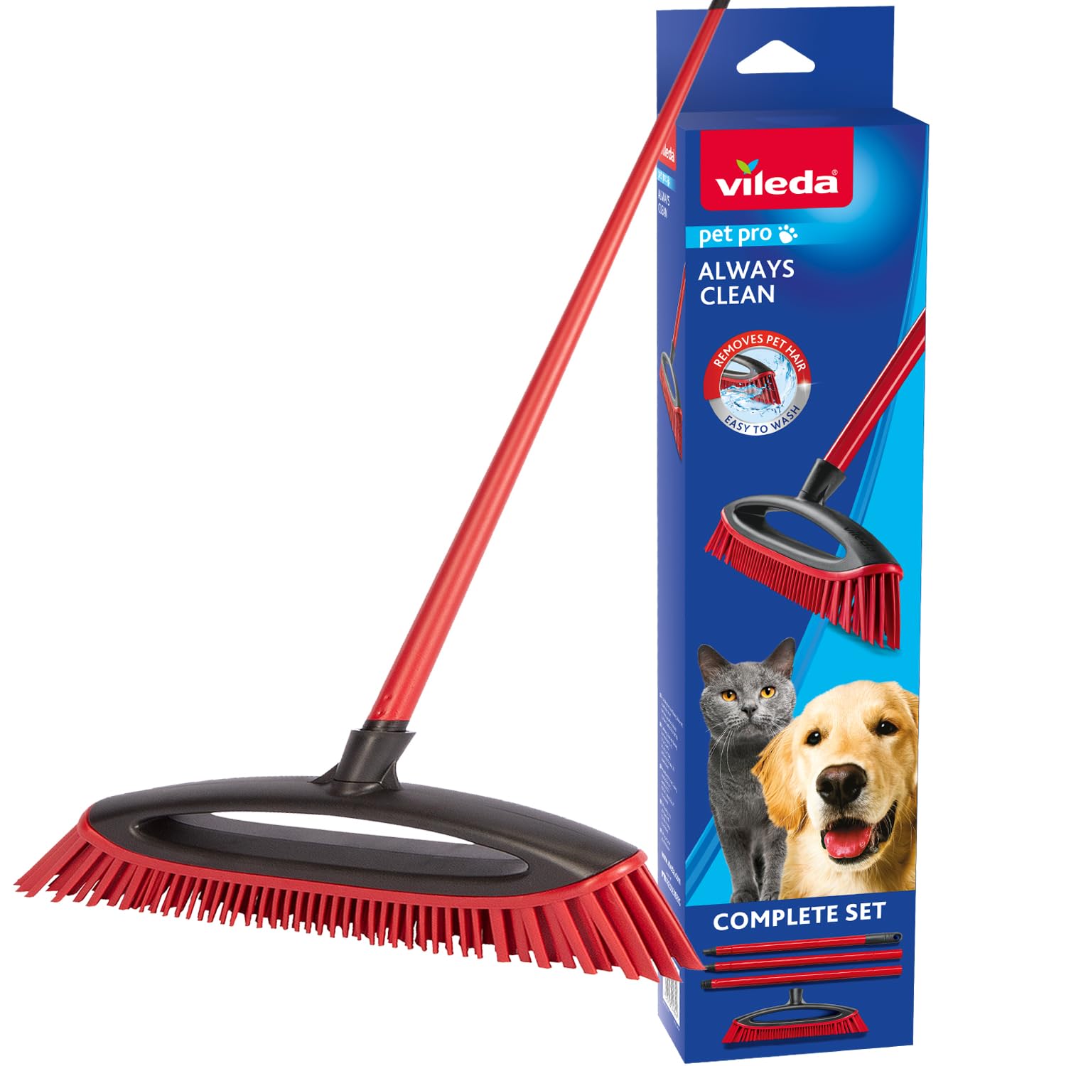 Vileda Rubber Broom for Pet Hair, Attracts and Collects Dirt and Pet Hair, Safe and Effective for All Floor Surfaces, Easy to Clean With Adjust Stick 75cm to 130 cm