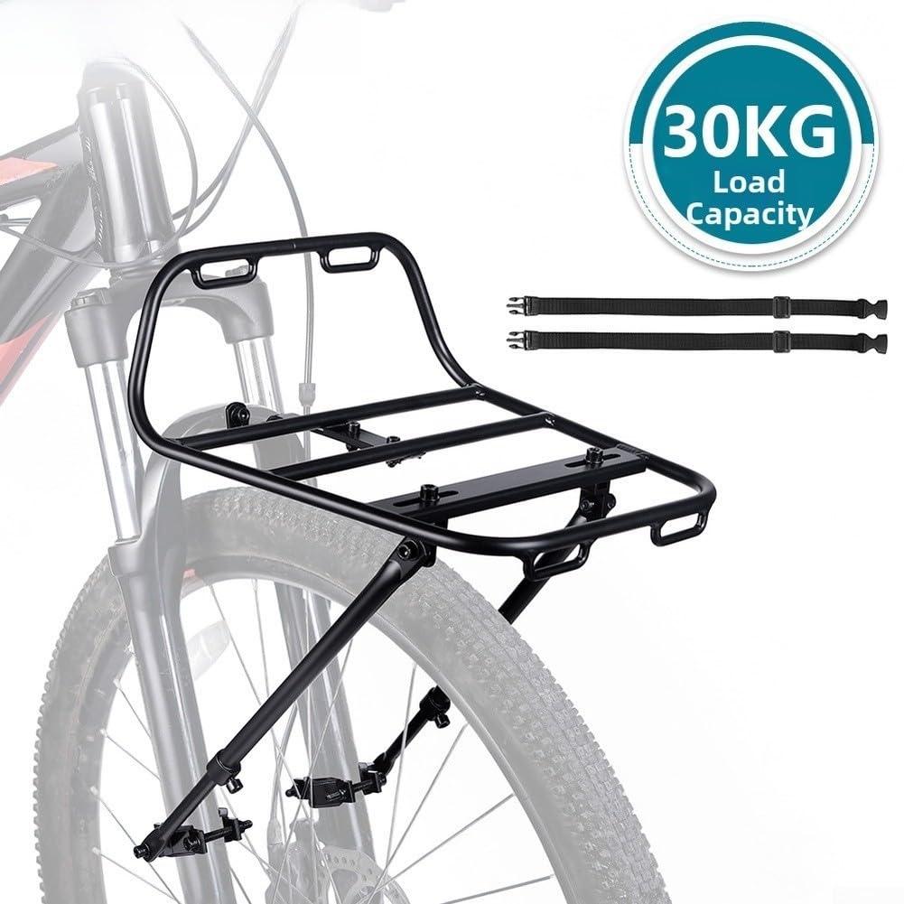 Yhenlovtt Porte-bagages avant de vélo en alliage d'aluminium, support de bagages VTT robuste avec support de fourche de rangement pour sacoches et équipement
