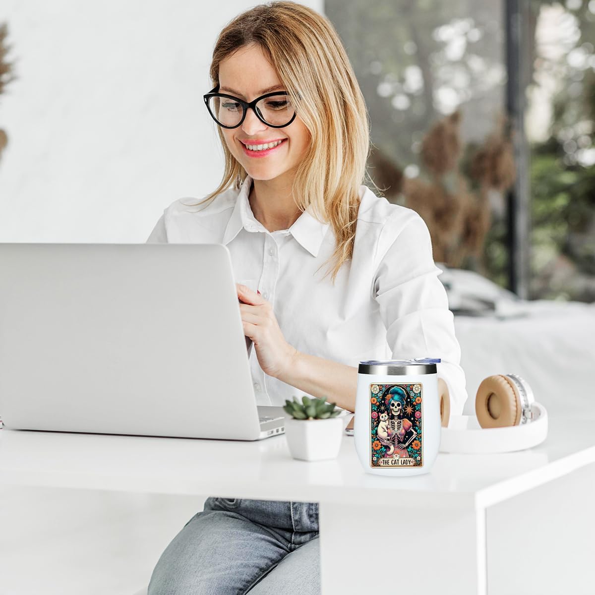 Funny Cat Lady Skeleton Wine Tumbler, Sarcastic Skull Gothic Witch Stuff Goth Witchy Gifts for Women Cat Lover Birthday Christmas Coffee Cup Insulated Stainless Steel 12oz Wine Glass with Lid, Straw - Image 4