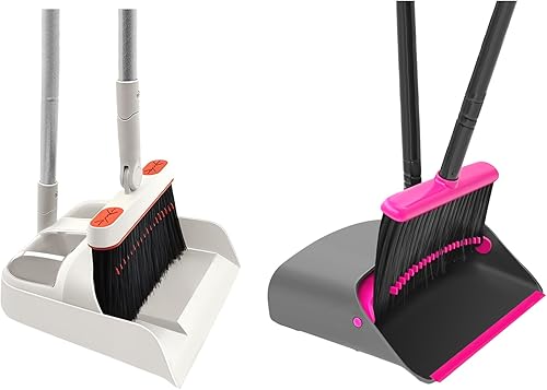 JEHONN Juego de escoba y recogedor para el hogar, gris, rojo y rojo rosa, mango largo, escoba ligera giratoria de 180 grados, bandeja de polvo