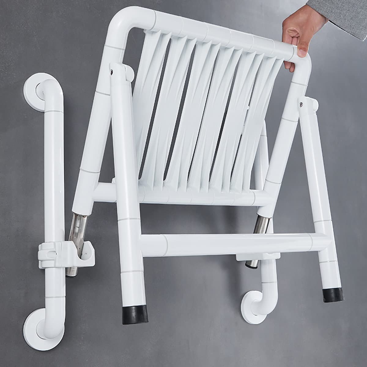 Asiento de Ducha Plegable montado en la Pared con Barra de Agarre, Patas de Asiento de Pared, reposabrazos de Seguridad Antideslizante para Inodoro, Taburete de baño para Ancianos,