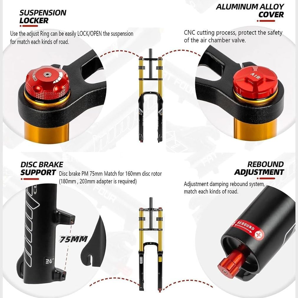 26'' Bike Fat Fork Downhill Bike Air Suspension Fork Travel 160mm Straight Double Shoulder Fork Rebound Adjustable Manual Lock QR 9x135mm,max for 4.0'' Tire(Black)