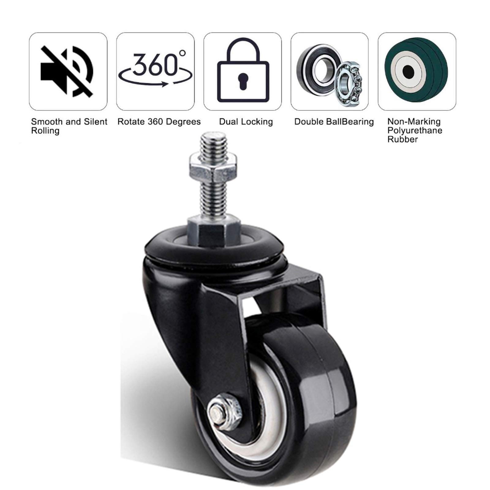 Cs girevole da 2 pollici con ruote in gomma del freno, senza rumore, set da 4 pezzi, facile installazione, asta filettata M12, ideale per mobili e banco di lavoro per carichi pesanti