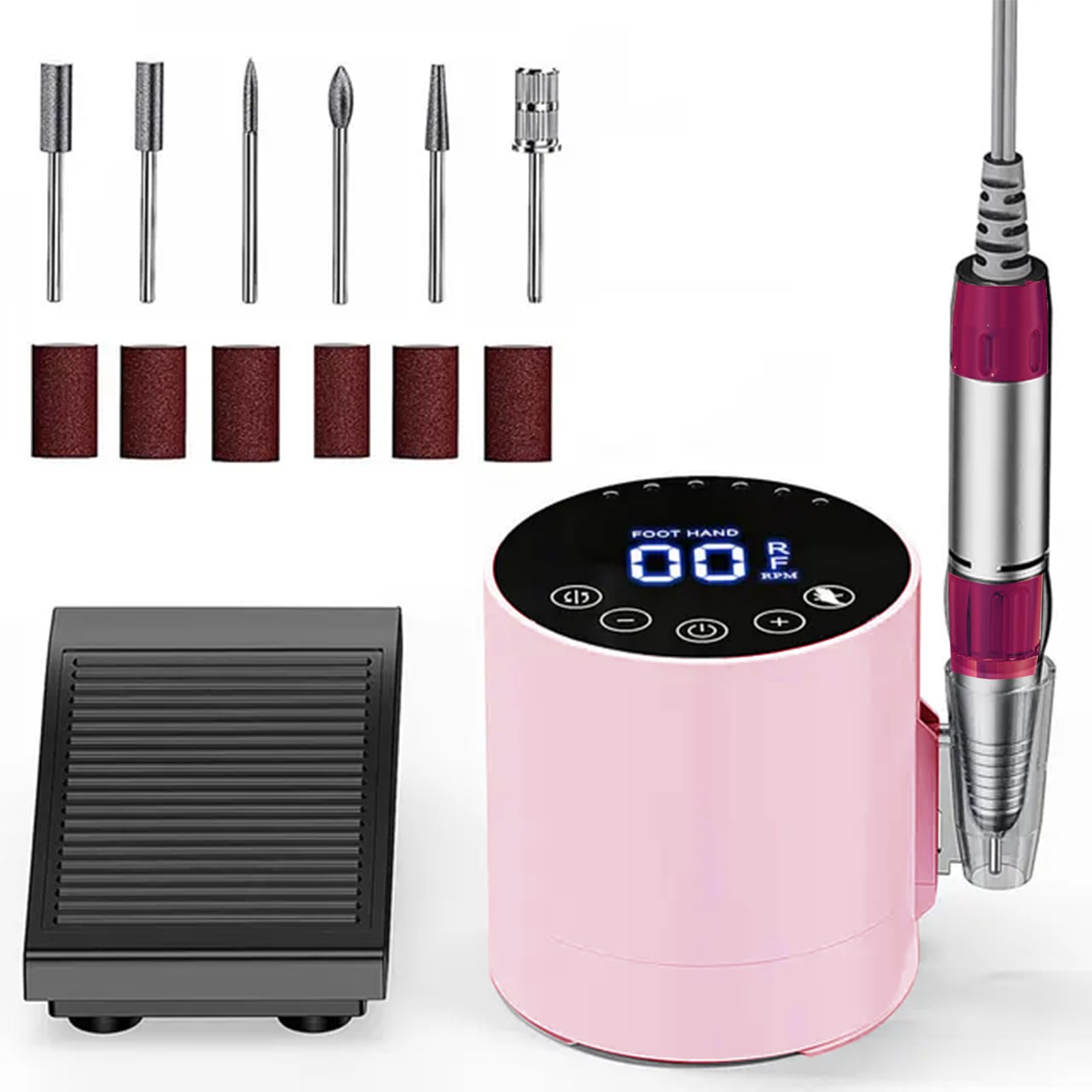 VOLTIX Fresa per Unghie Professionale 35000RPM - Lima Elettrica con Pedale, 6 Frese e Accessori Inclusi, Set Manicure e Pedicure Elettrico per Unghie Acriliche, Gel e Nail Art (Rosa)