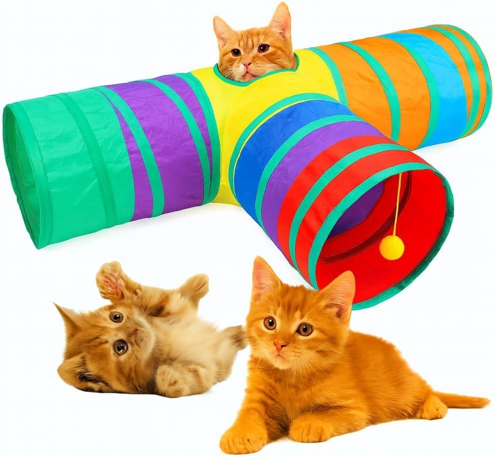 Brinquedo Túnel para Gatos 3 Entradas com Bolinha – Dobrável, Int...