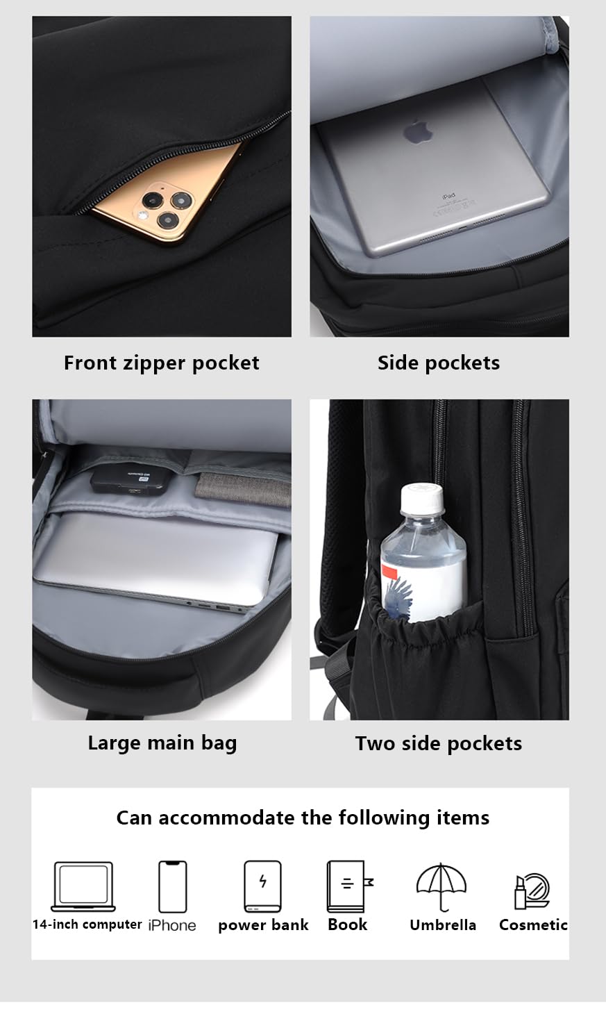 Zaino casual impermeabile – Zaino da viaggio leggero con scomparto per laptop e design multi-tasca