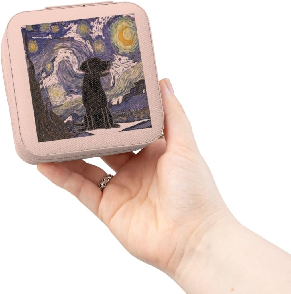 3dRose Funny Cute Black Lab Puppy Dog in Starry Night Van Gogh Art Jewelry Travel Case Pink