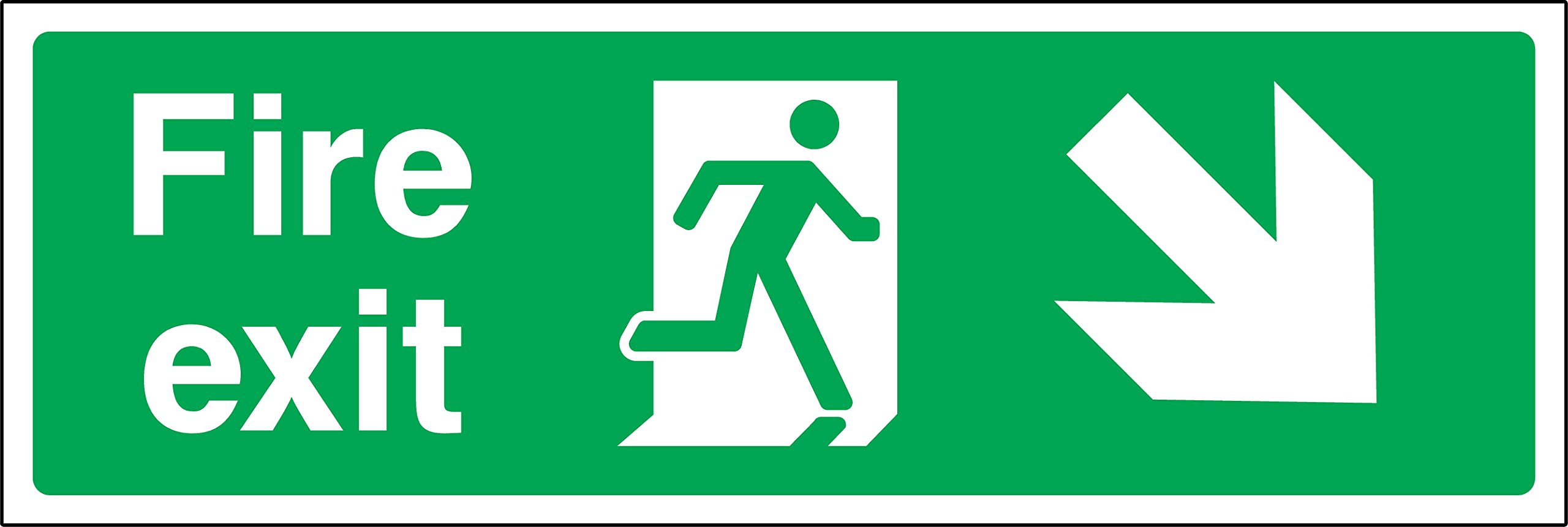 Fire exit Diagonal down right safety sign - Self adhesive sticker 450mm x 150mm