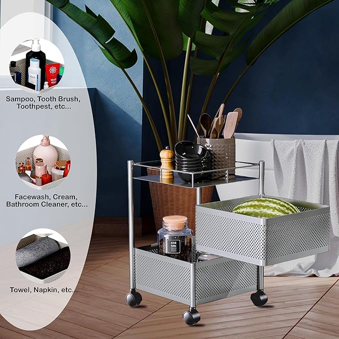 Image of KITCHIVO Kitchen Storage Rack | Revolving Vegetable Rack | Square Multipurpose Storage Trolley with Wheels | Metal Fruit Rack (Silver, 2 Layer)