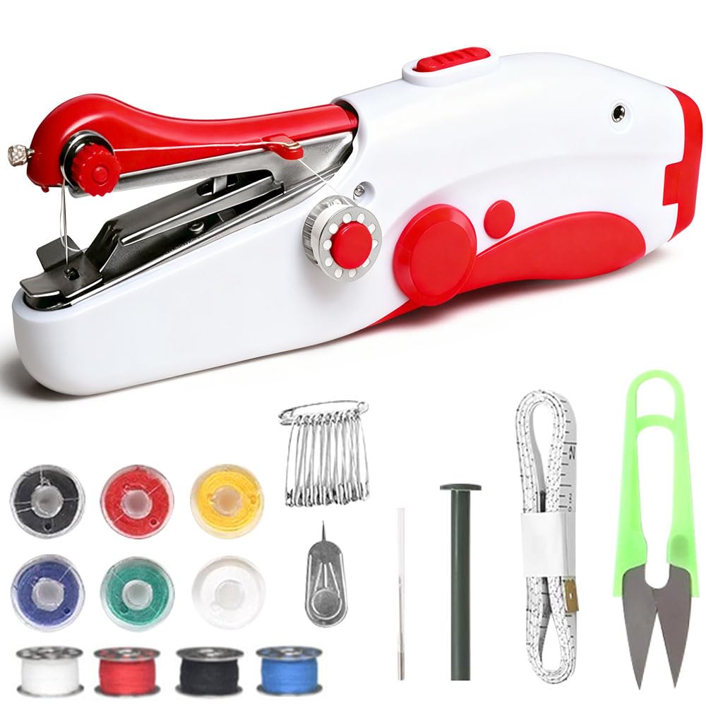 Máquina de Coser Portátil, Mini máquina de coser manual Con accesorios de costura, Mini Máquina de Coser Electrica para Principiantes y Adultos, para Ropa, Telas, Cortinas, Bricolaje.（Roji）