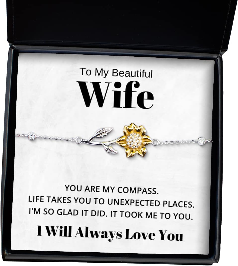 to My Beautiful Wife Sunflower Bracelet, You are My Compass, Best Birthday Gifts, Engagement Gifts, Wedding Gifts, Valentines Day Gifts I Will Always Love You