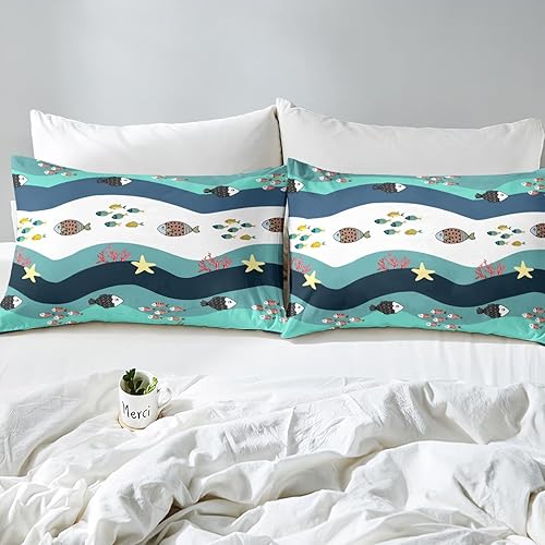 Miniatura 5 de Feelyou Juego de sábanas de peces tropicales para niños y niñas, juego de ropa de cama de vida marina con 1 funda de almohada, tamaño individual