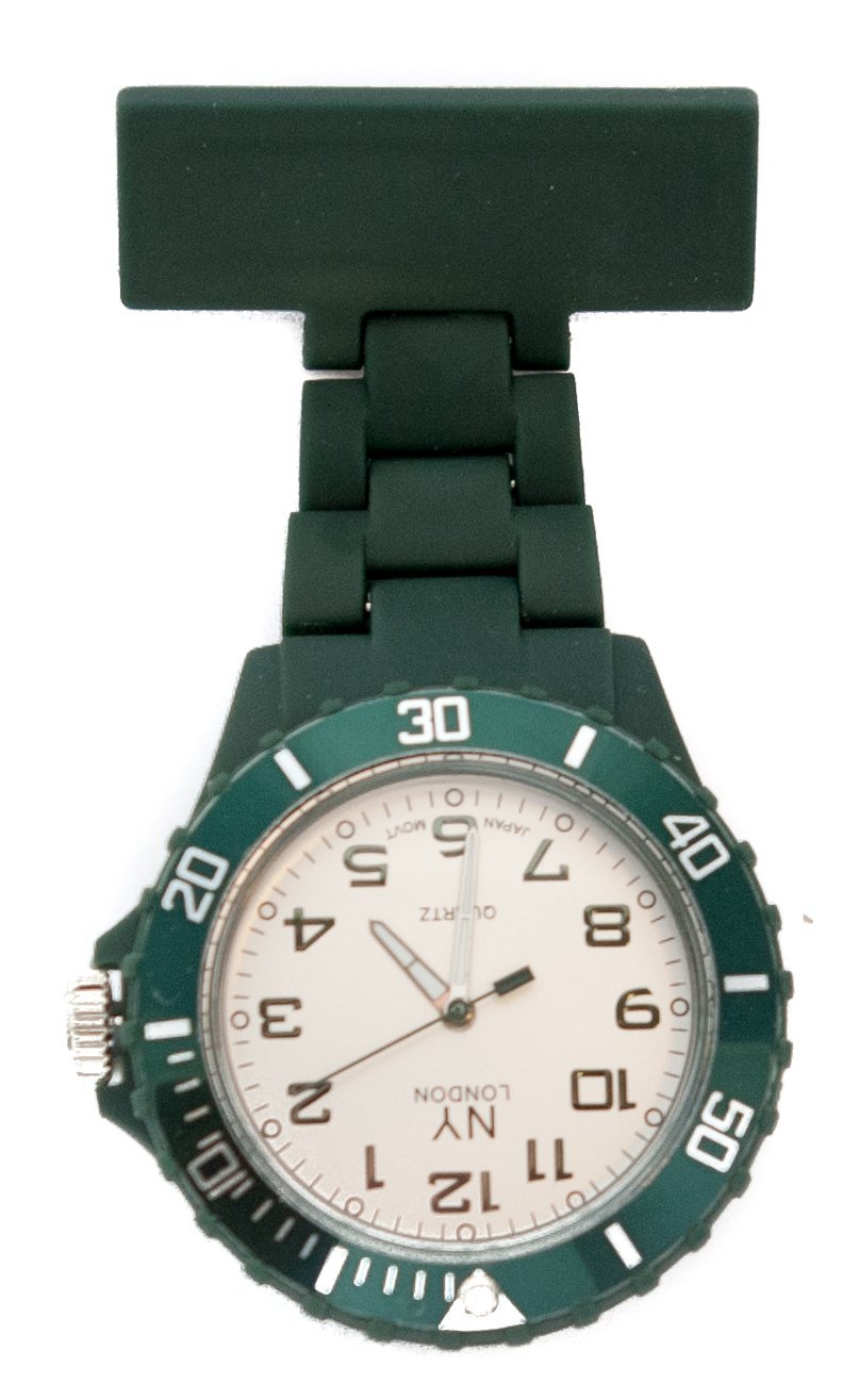 DARK GREEN WHITE FACE RUBBERISED ROTATING BEZEL UNISEX NURSES FOB WATCH