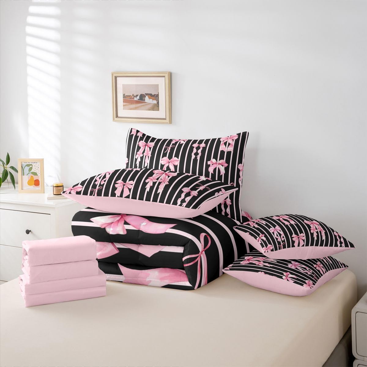 Erosebridal 7 Piece Pink Black Ribbon Bows Comforter Set with Sheets for Kids Girls Women Cute Bowknot Bed in A Bag Twin,Princess Coquette Bedding Sets Bow Tie Bed Set Girly Room Decor Aesthetic