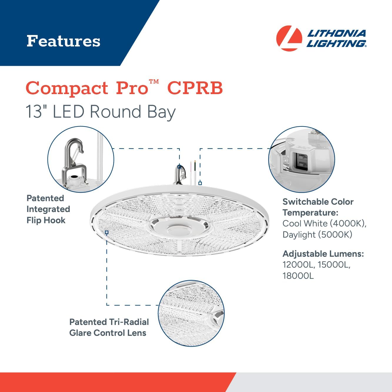 Lithonia Lighting Compact Pro Round LED High Bay Light, Ceiling Lighting Fixture, Adjustable 12000/15000/18000 Lumens, Selectable 4000K/5000K, UVOLT 120–347V, White (CPRB ALO13 UVOLT SWW9 80CRI DWH)
