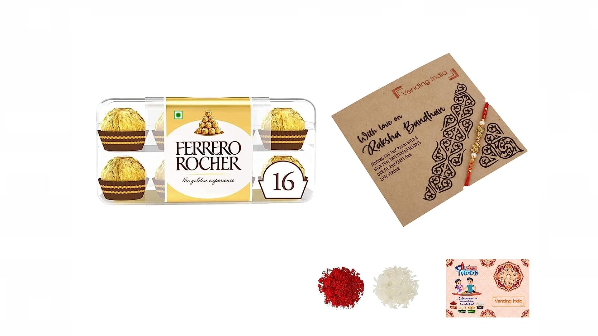 Vending India X Ferrero rocher T16- Rakhi Gift Combo with Roli, Chawal Chandan Mishri | AUR-R145 Elephant Rakhi for Brother Set in a Rakhi for Brother Card (B0B5P7ZKY4) Amazon Price History, Amazon Price Tracker