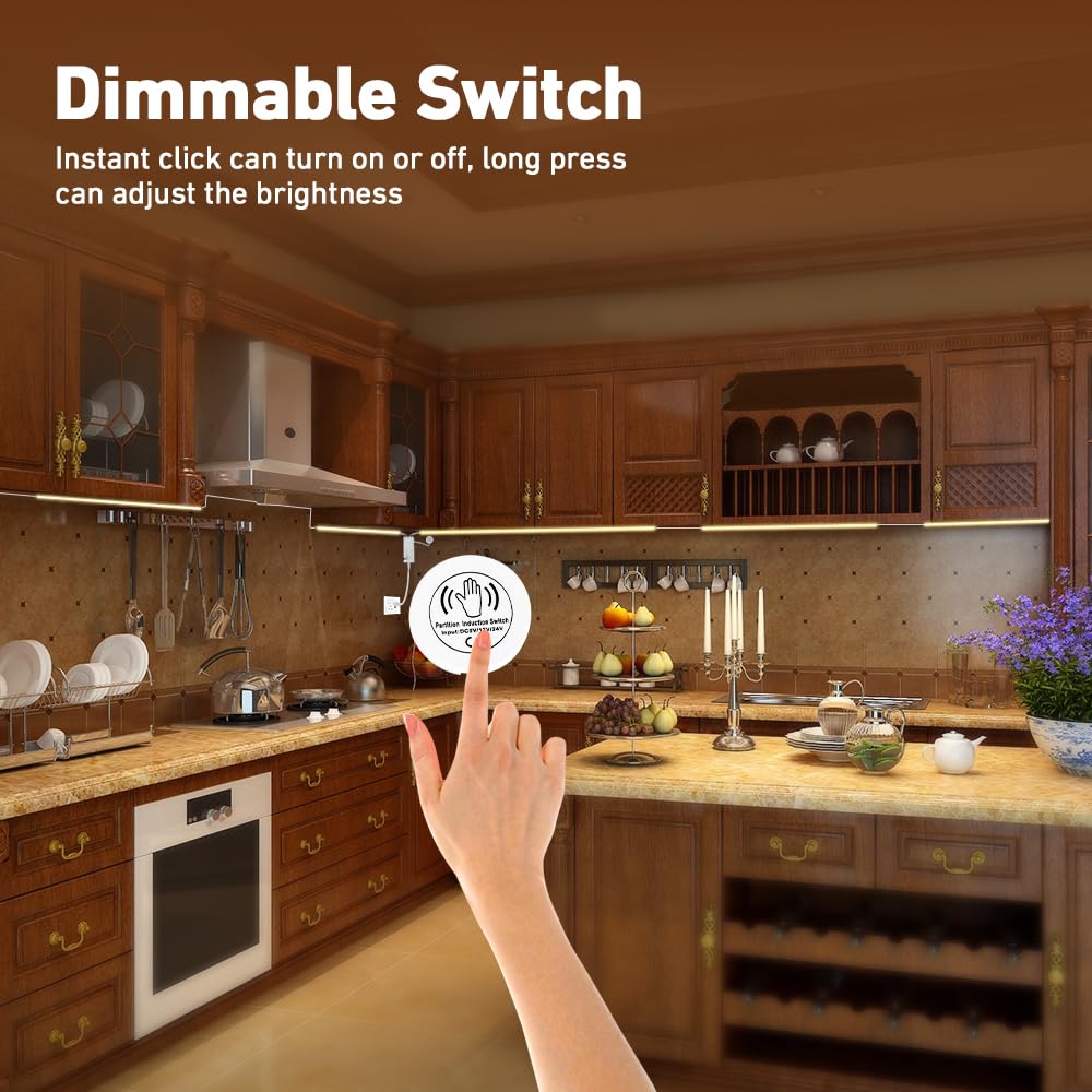 RYE Kit de iluminación LED empotrable, paquete de 6 barras de luz LED COB autoadhesivas, blanco cálido 3000 K, con interruptor táctil, para paneles de pared de listones de madera, cabeceros, 2 piezas
