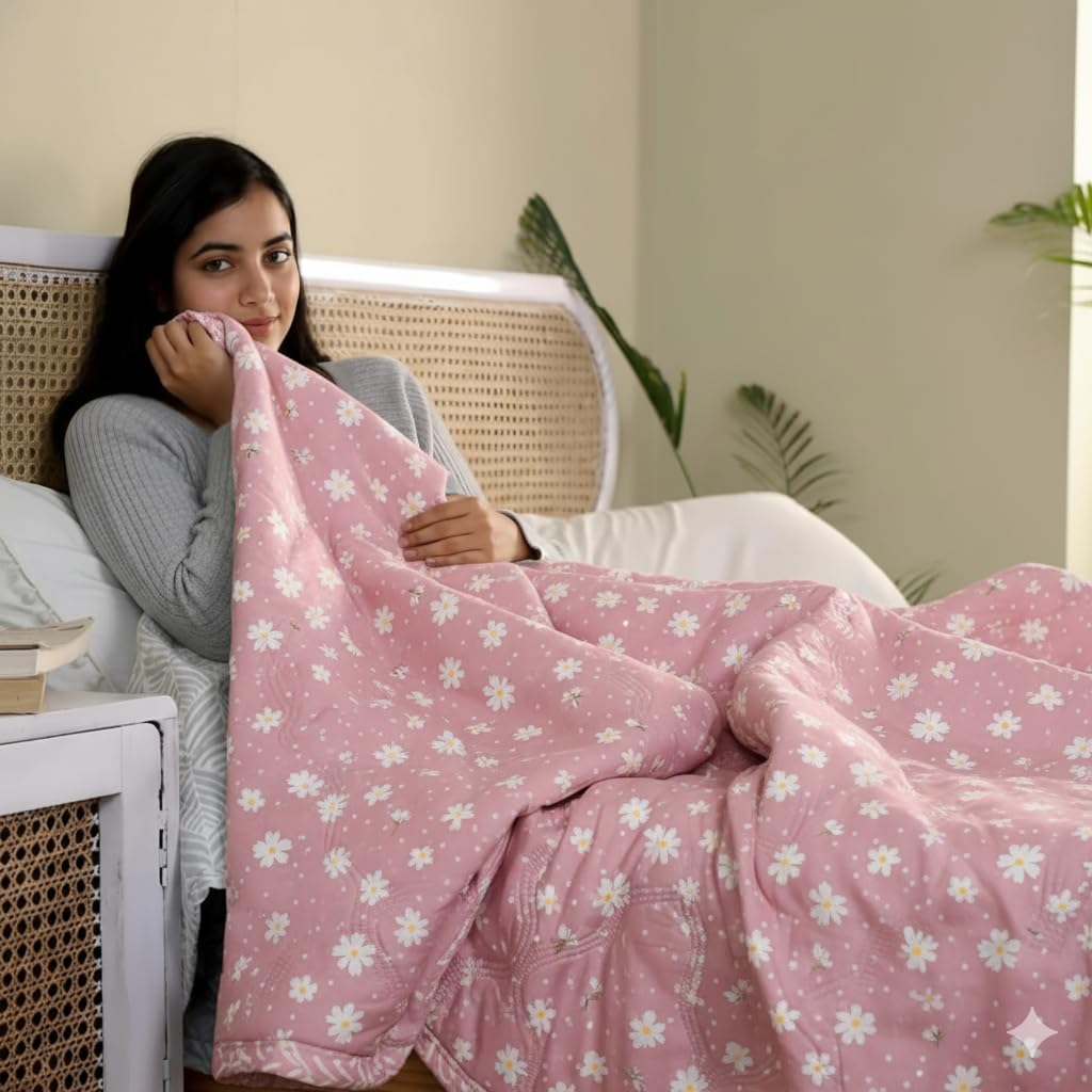 Luxury Ultrasonic Punch AC Comforter Blanket – Quilted Microfiber Floral Pattern, Lightweight Breathable Hypoallergenic All‑Season Blanket for Bedroom, Travel (228x228 Cm) Pink Grey-image-41