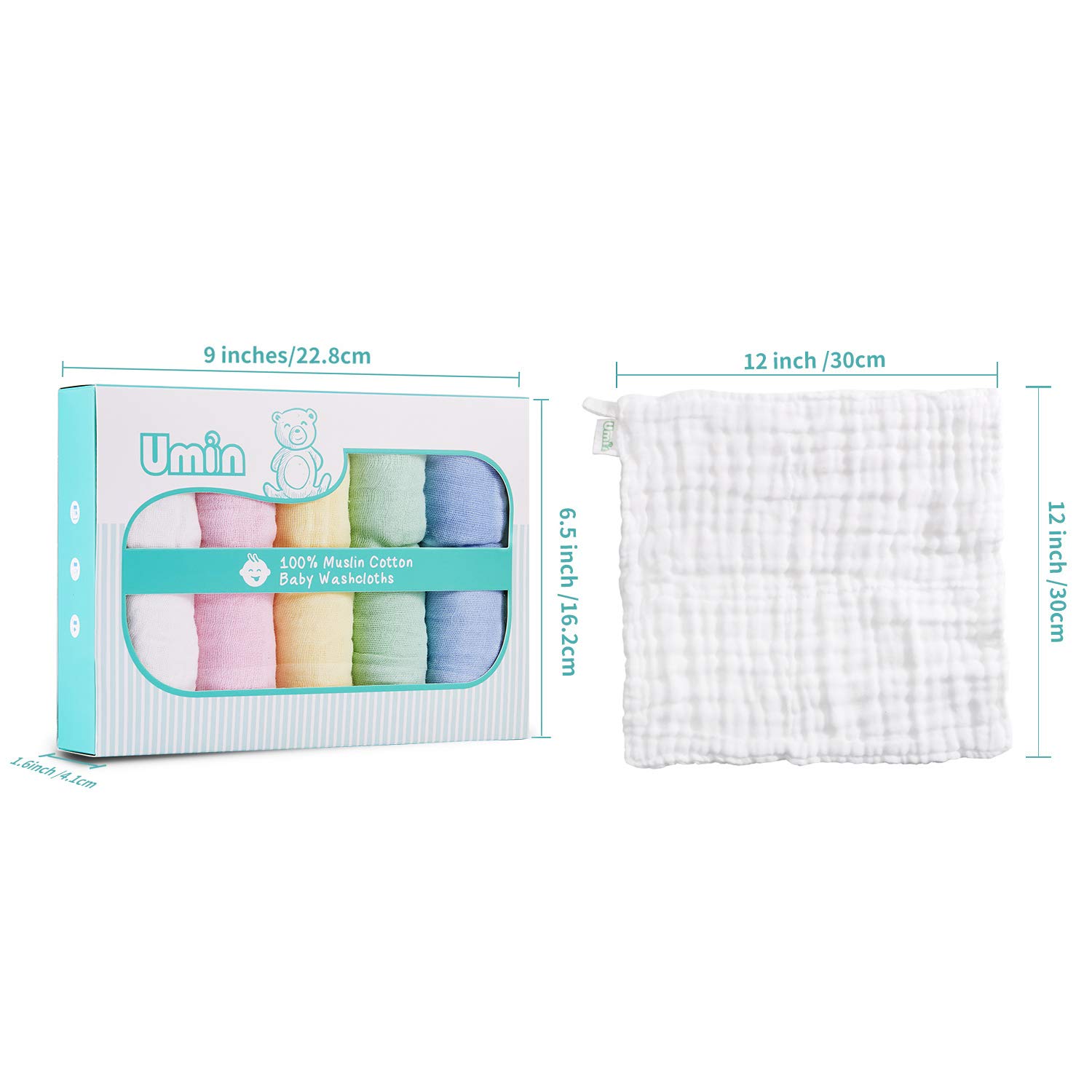 Umiin bambino panni lavare, Super morbido cotone naturale mussola, bagno del bambino Serviette, Regali per neonati perfetti, 30 x 30 cm (Multicolore-10 pezzi)