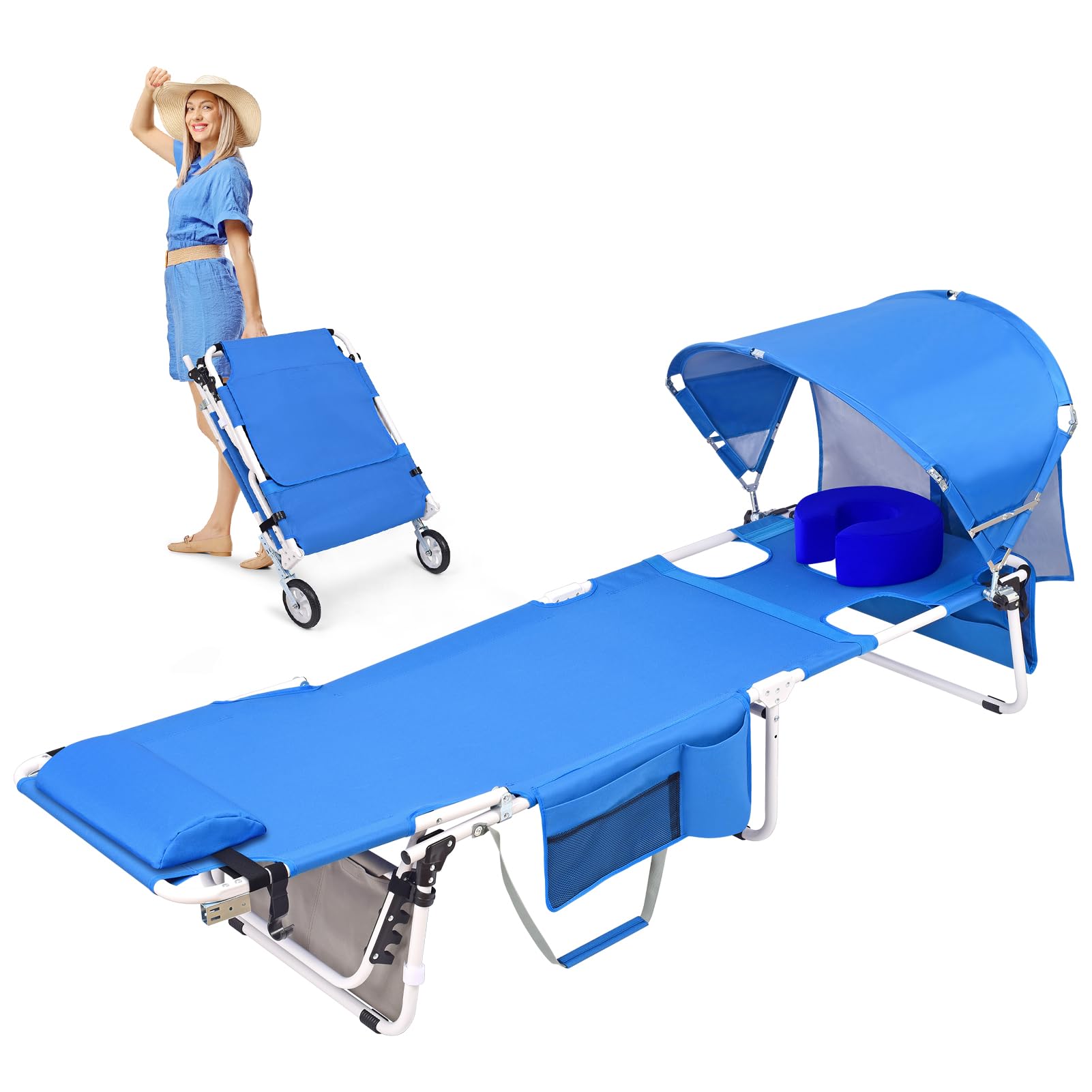 Wheel-To-Go Tanning Chair with Wheels Sun Canopy Umbrella Face Hole Thicker Washable Adjustable, Heavy Duty Folding Lay Flat Sun Lounge Chair Beach Outside Sunbathing Reading, UPF 50+ (Patent Design)
