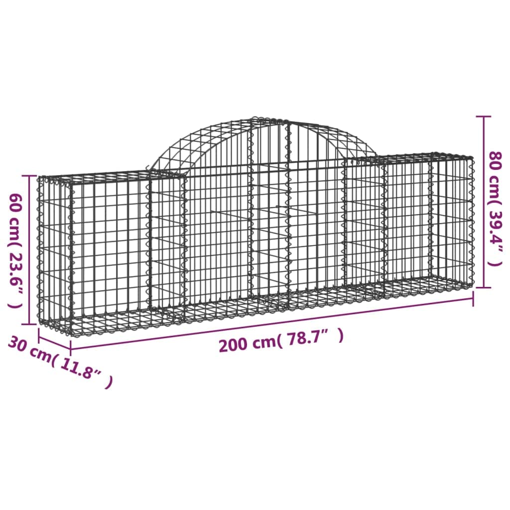 6 Cesti Gabbioni ad Arco 200x30x60/80 cm Ferro Zincato | Divisori decorativi per giardino e patio, ideali come barriere fonoassorbenti e recinzioni in pietra.