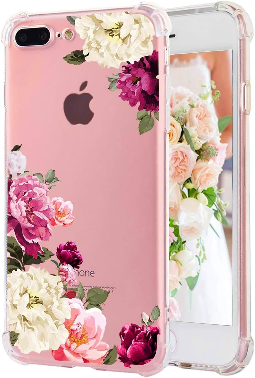iPhone 8 Plus Case iPhone 7 Plus Case Clear Floral Pattern Transparent Soft TPU Slim Flexible Shockproof Bumper Phone Cases for Women Girls Pink Rose White Flower- [5.5"]