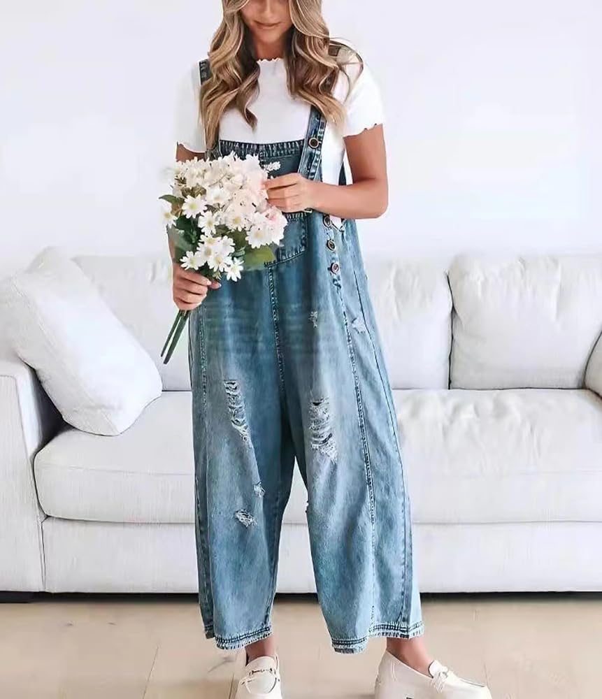 Generico Salopette in denim con bretelle regolabili larghe da donna, salopette in jeans, tuta larga a gamba larga usurata