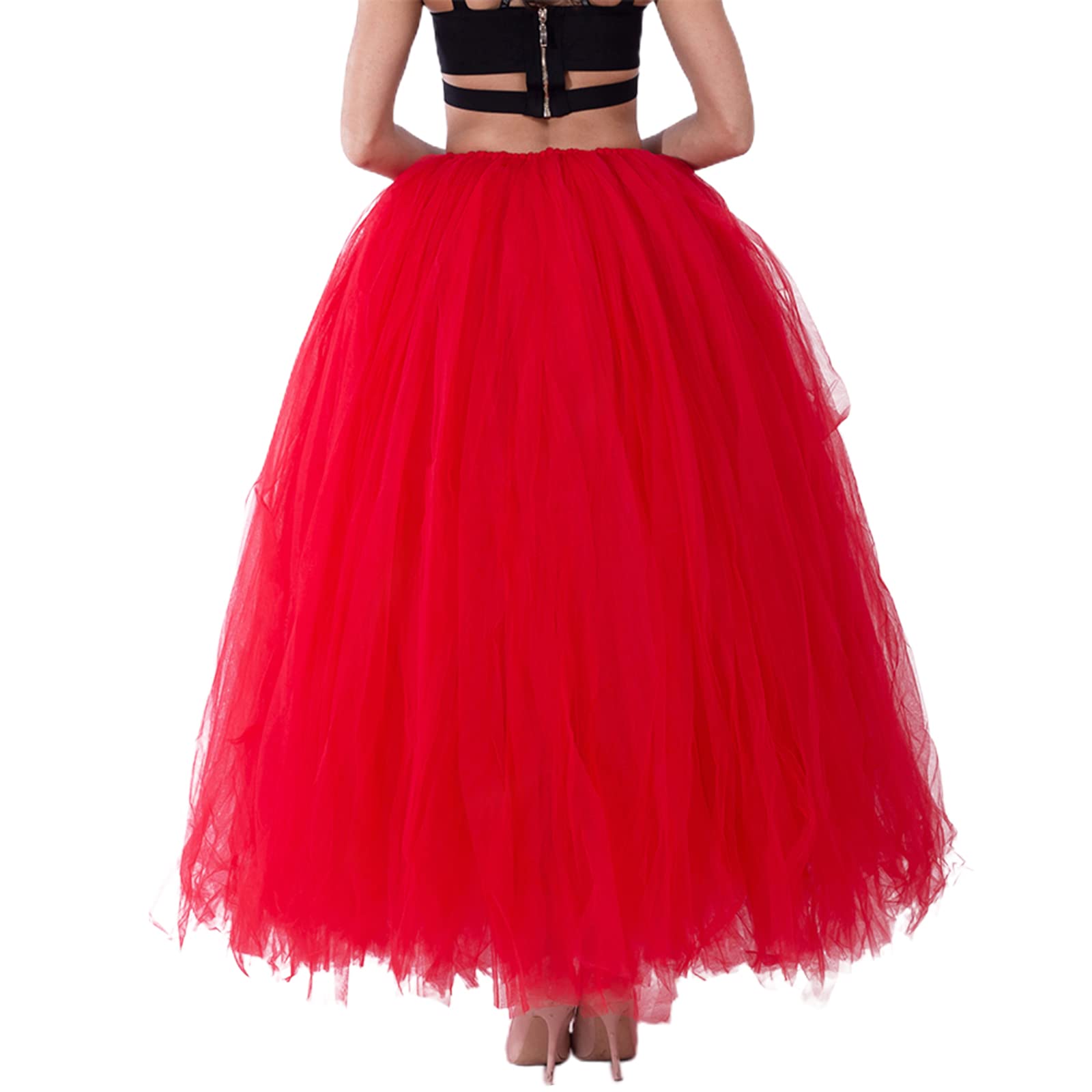 Falda larga tutú de cintura alta con capas de tul maxi faldas hinchadas hasta el suelo, boda, fiesta, con cinturón Bowknot, rosso, Talla única