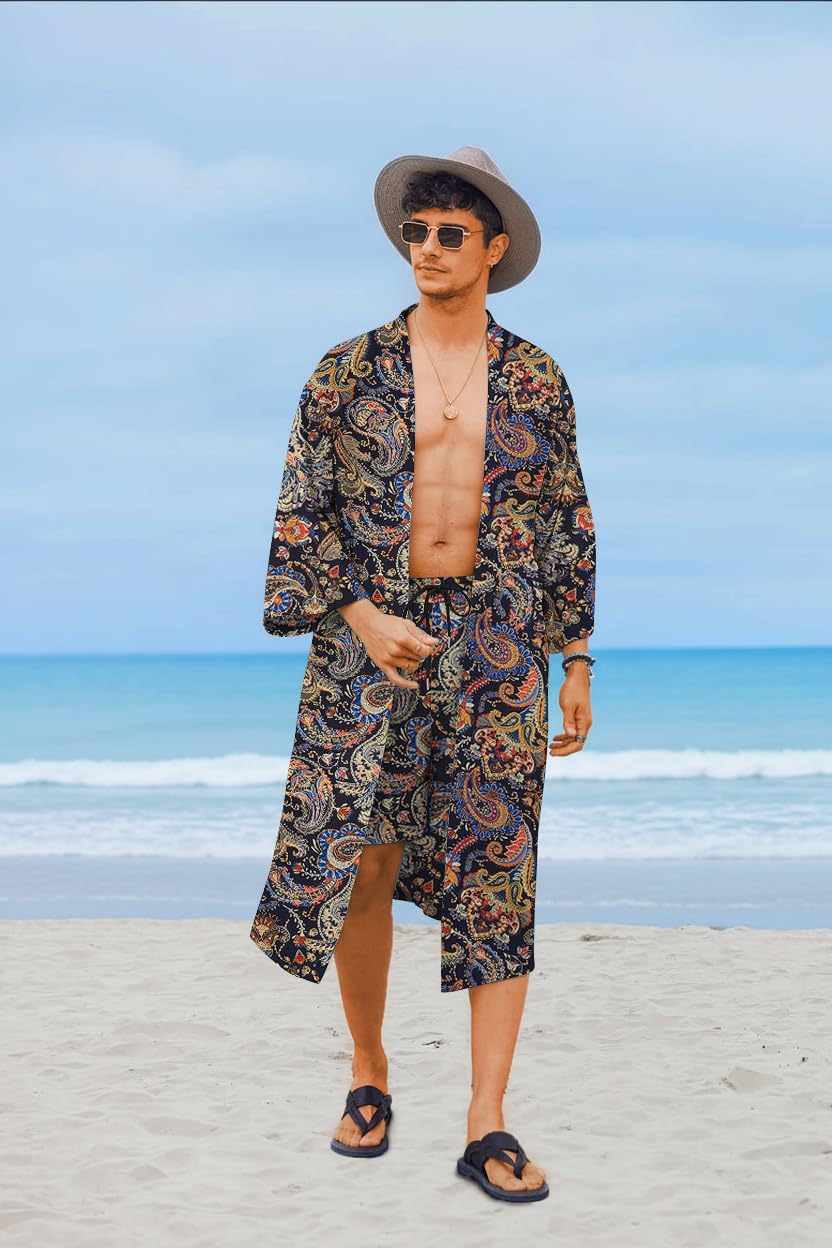 COOFANDY Men Lightweight 2 Piece Kimono Robe with Shorts Japanese Robes Casual Open Front Long Cardigan With Belt - Image 2