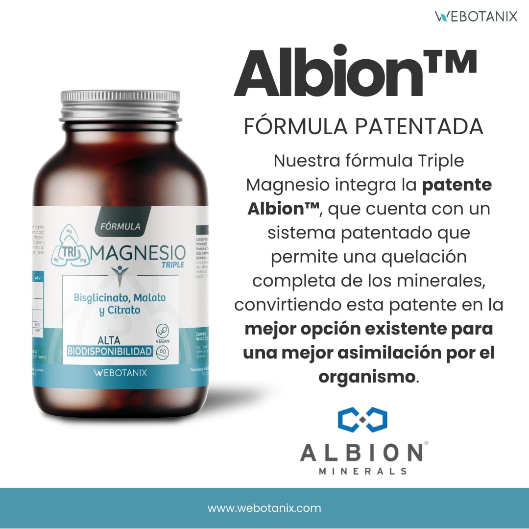 WeBotanix | Fórmula Triple Magnesio | Bisglicinato, Dimagnesio Malato y Citrato de Magnesio y Vitamina B6 | Con Vitamina B6 para Energía, Bienestar y Salud Muscular | Vegano (120 Cápsulas)