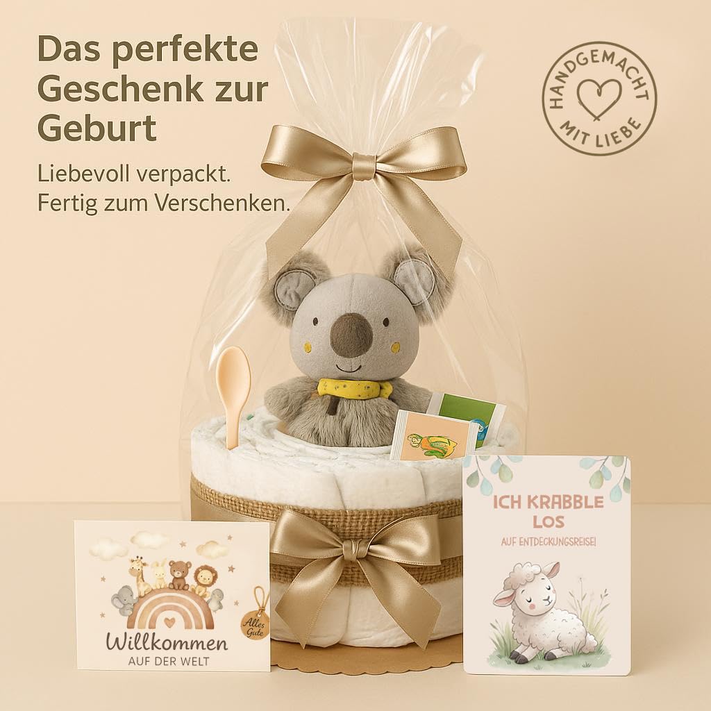 Tarta de pañales para niña y niño con koala Greifling, Boho Vintage Handmade | Regalo de nacimiento para bebé, con pañales premium, cuchara para bebé y té orgánico, neutral para baby shower y bautizo