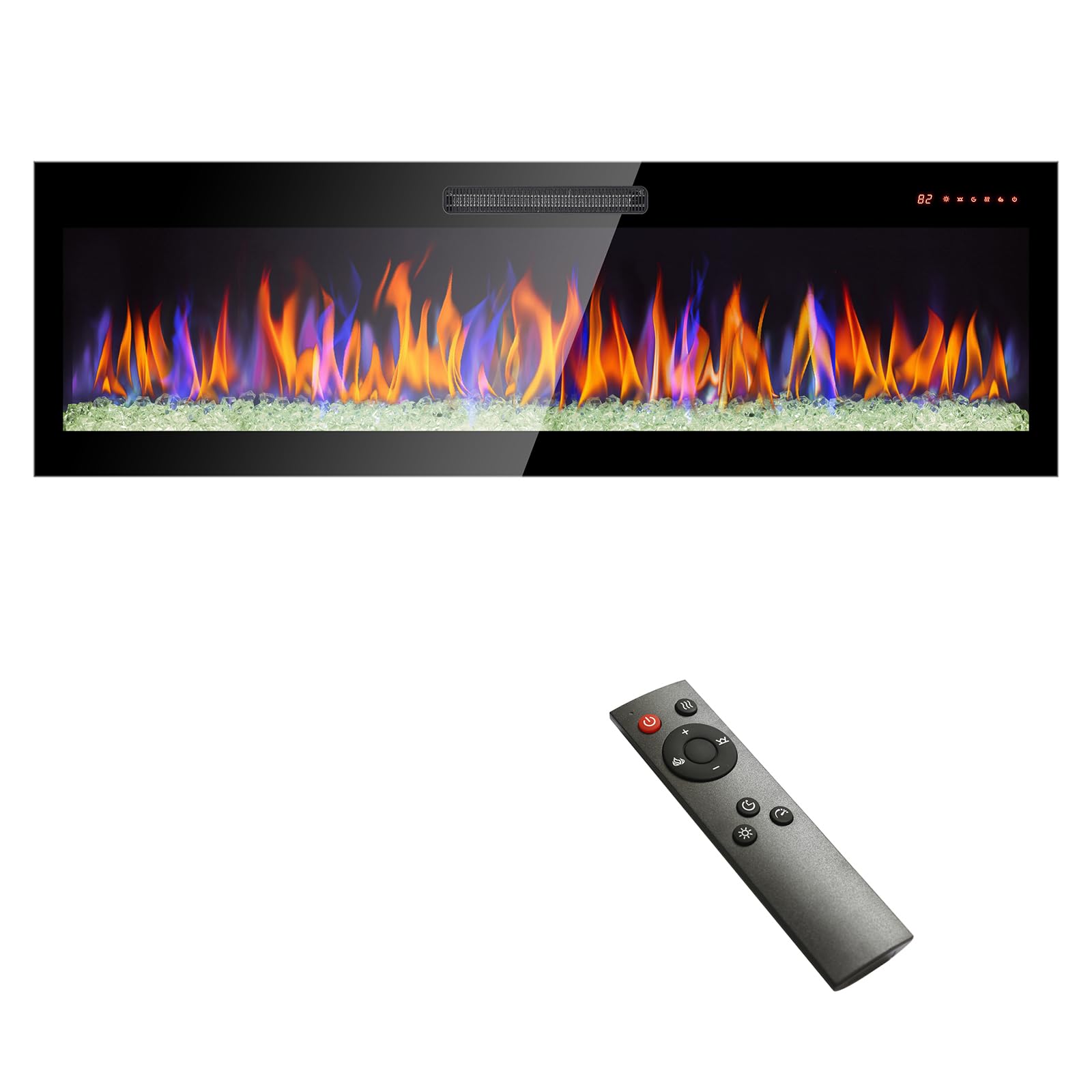 SPOFLYINN 60 Inch Electric Fireplace Recessed Super-Thin Tempered Glass Wall Mounted Fireplace with Remote Control Adjustable Flame Color Black