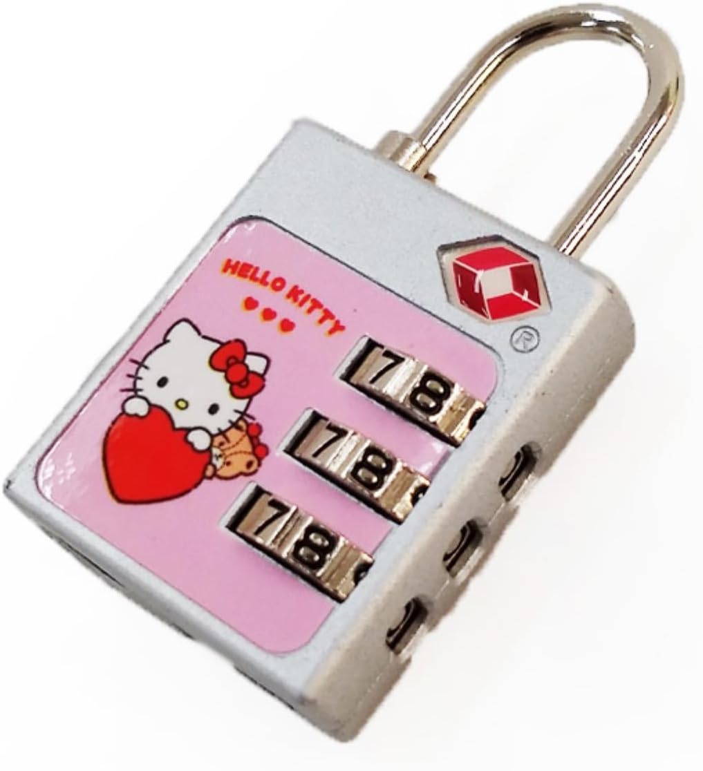 Sanrio Official Hello Kitty TSA 3 Dial Lock Padlock, Silver, No Key Required, 3 Digit Dial Type, Suitcase, Travel Bag, Tiny Cham, 4 Languages Instruction Manual (English Language Not Guaranteed), QR