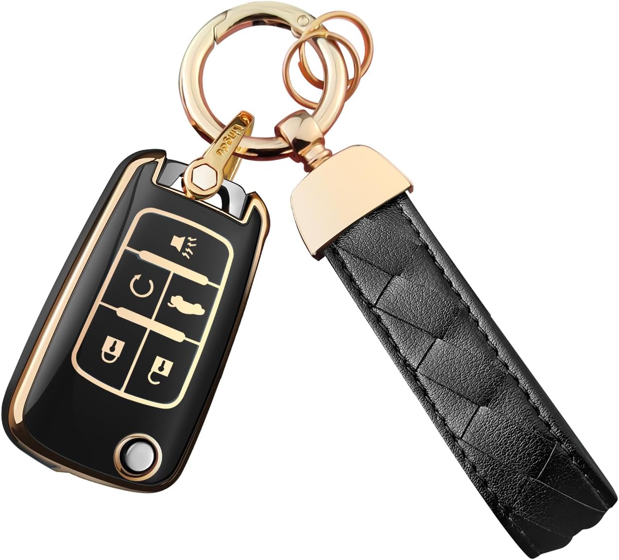 for Chevrolet Key Fob Cover Keychain Fit for,Equinox Camaro Cruze Malibu Sonic Buick Terrain,Smart Key Shell Case (Black, 5 Button)