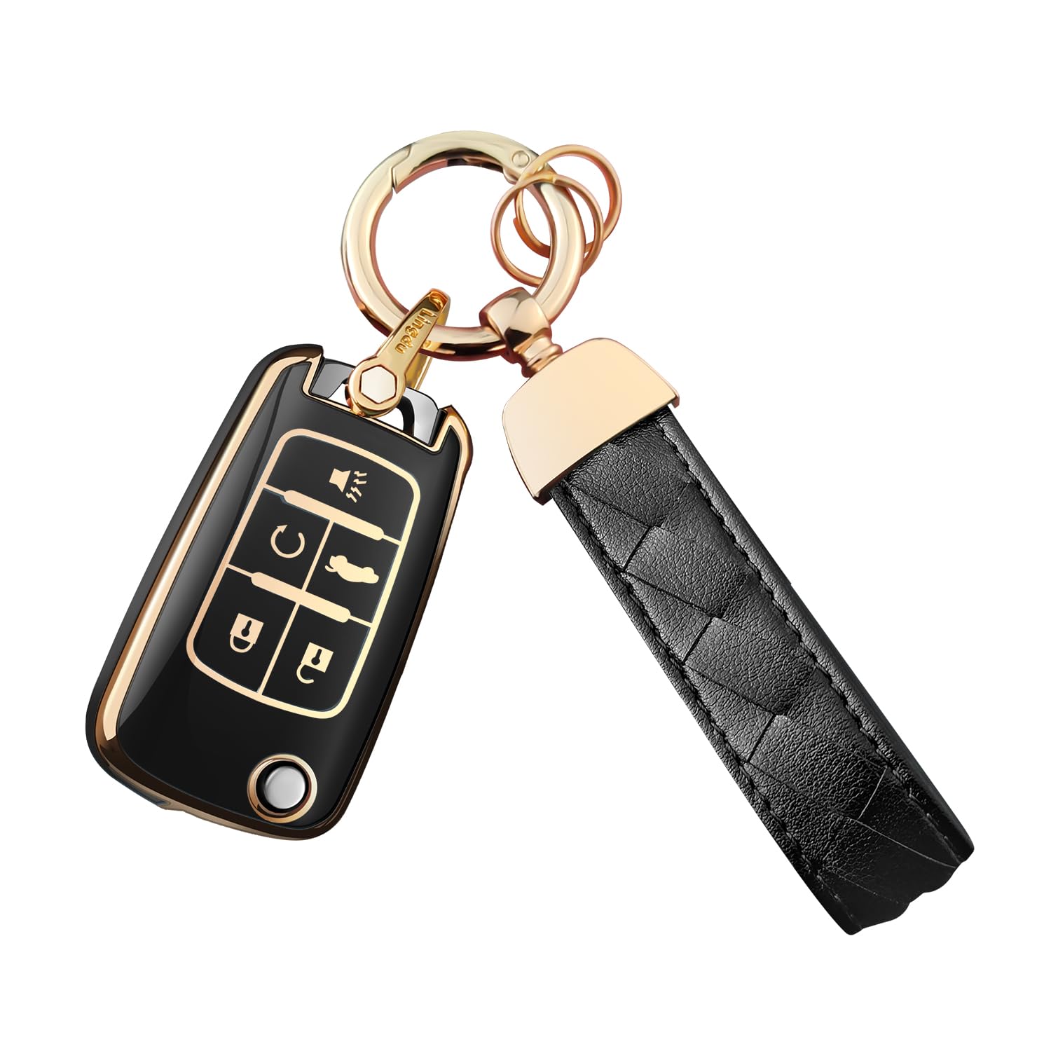 for Chevrolet Key Fob Cover Keychain Fit for,Equinox Camaro Cruze Malibu Sonic Buick Terrain,Smart Key Shell Case (Black, 5 Button)